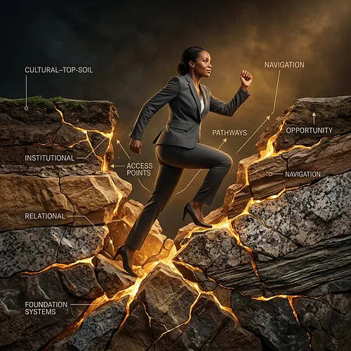 Illustrative conceptual scene of talent moving through institutional infrastructure, with labels for access points, pathways, navigation, opportunity, relational conditions, cultural top-soil, and foundation systems